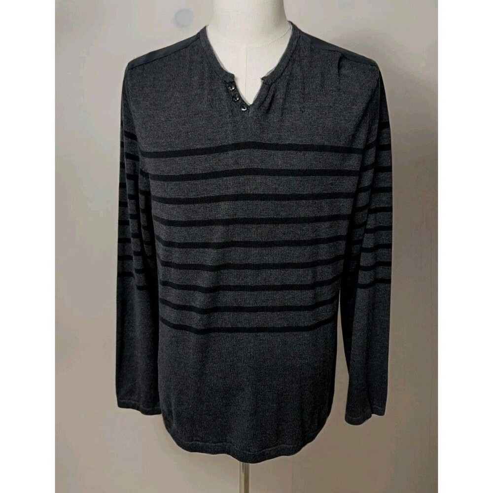 Buffalo by David Bitton Mens Sweater Gray Stripe LS Hybrid V Neck Henley XL